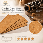 CorkMart editorial collage for Golden Cork Sheet for Instrument Repair | 300 × 100 mm