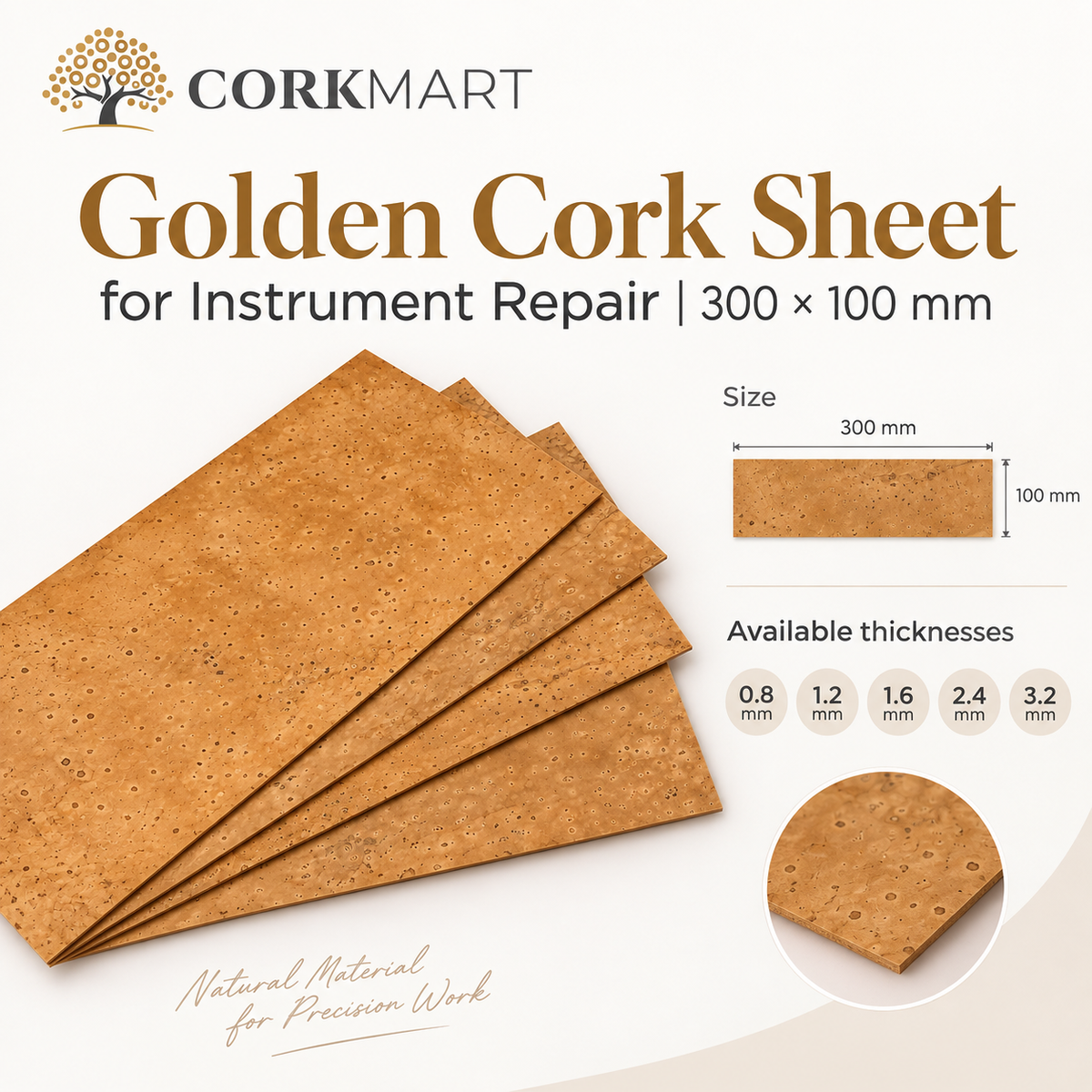 CorkMart infographic for Golden Cork Sheet for Instrument Repair | 300 × 100 mm