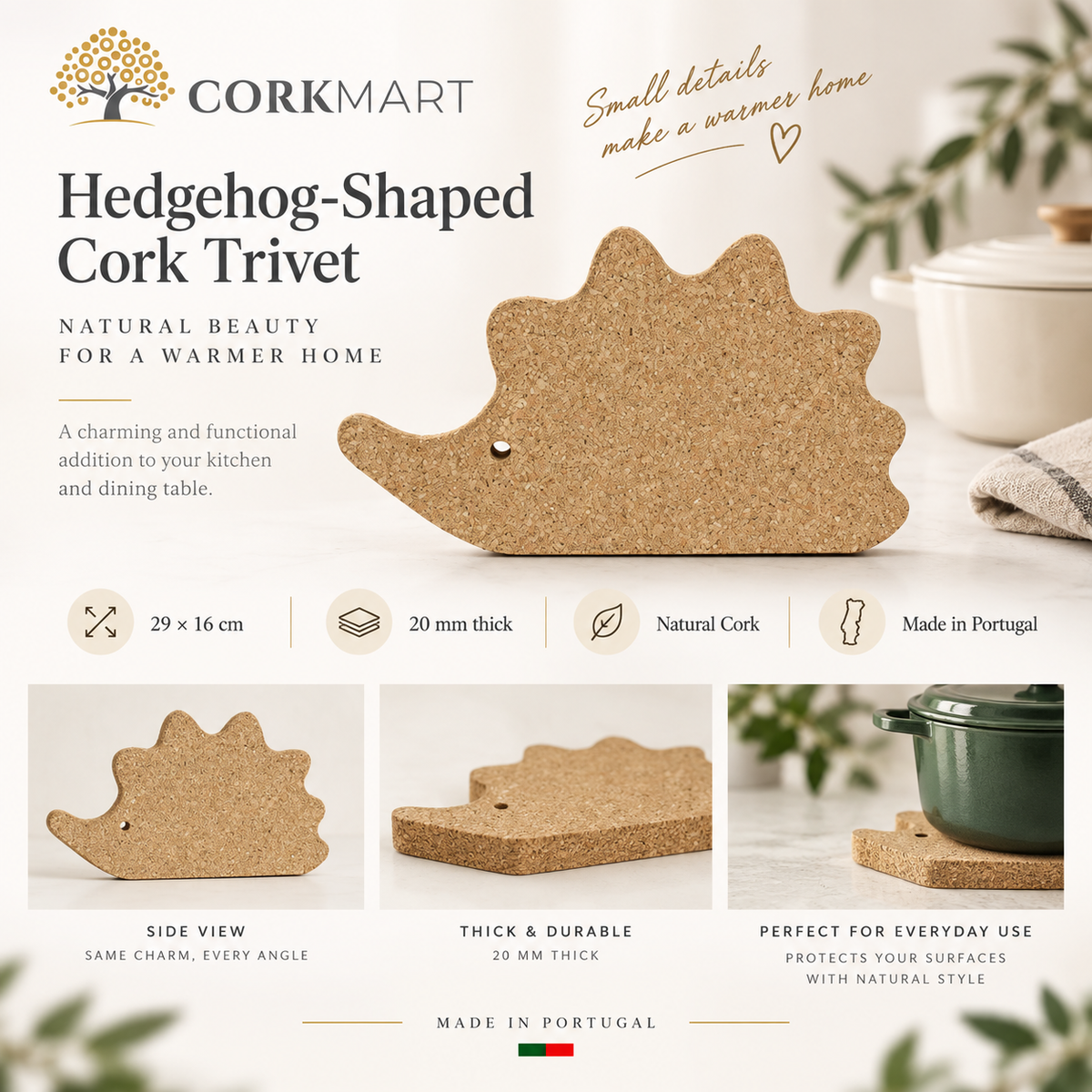 Hedgehog-Shaped Cork Trivet product collage with official CorkMart logo, 29 × 16 cm dimensions and 20 mm thickness
