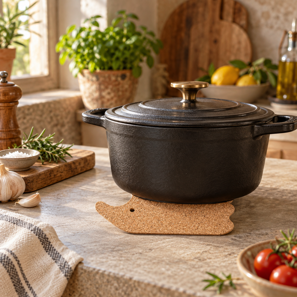 Hedgehog-Shaped Cork Trivet supporting hot cookware in a warm kitchen