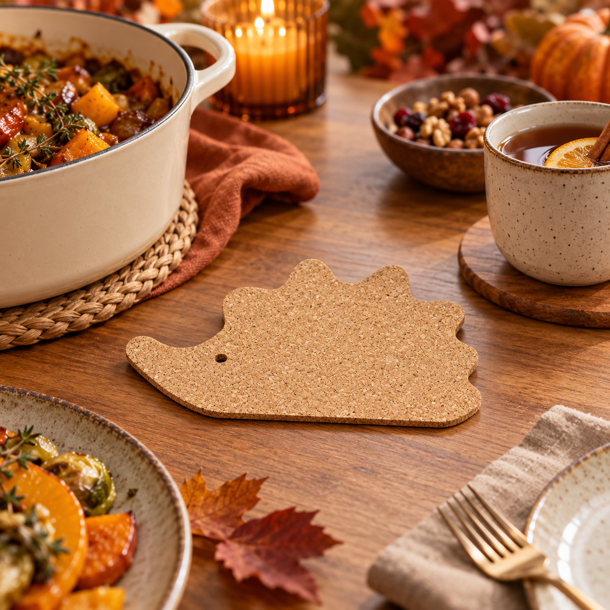 Hedgehog-Shaped Cork Trivet in a warm autumn table setting