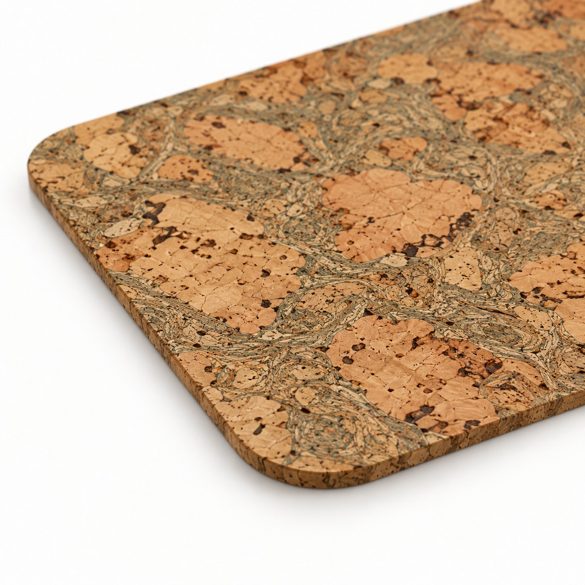 Macro close-up of Iceberg Green cork placemat surface, rounded corner and thin edge