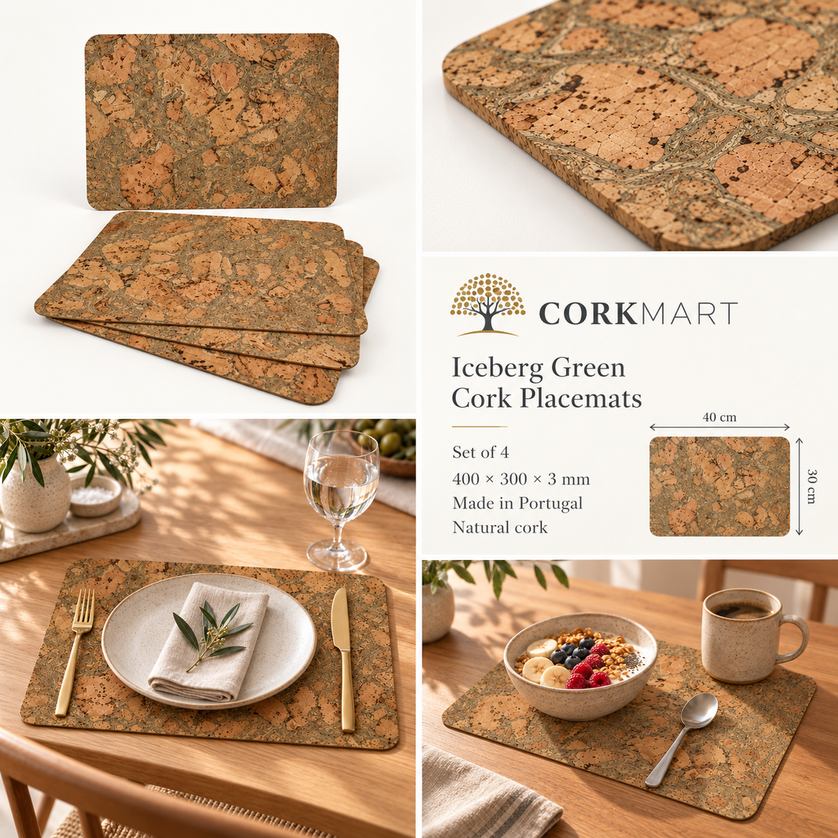 Iceberg Green cork placemats — set of 4, dimensions, material and lifestyle overview