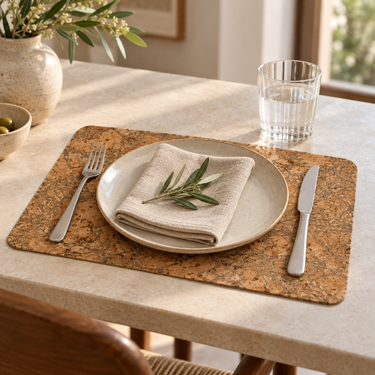 Iceberg Grey cork placemat in a refined dining table setting