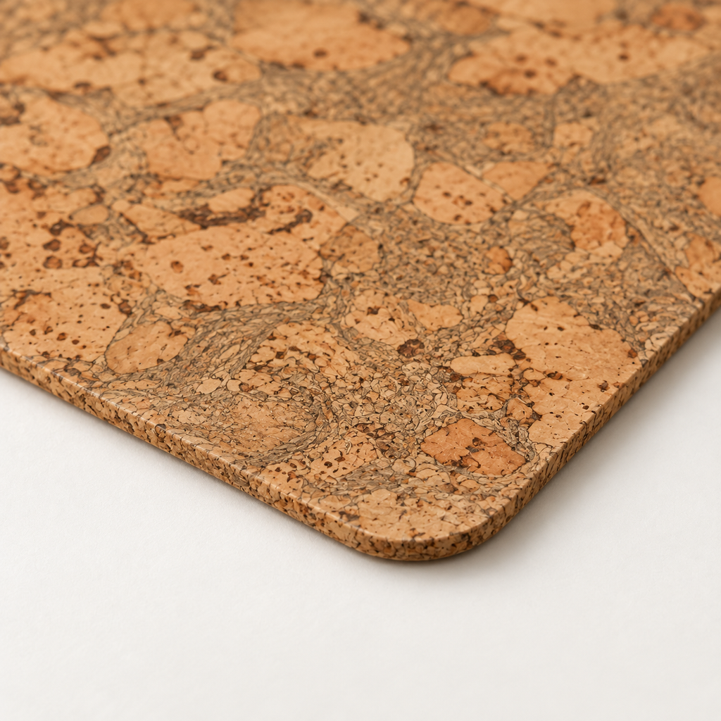 Macro close-up of Iceberg Grey cork placemat surface, rounded corner and thin edge