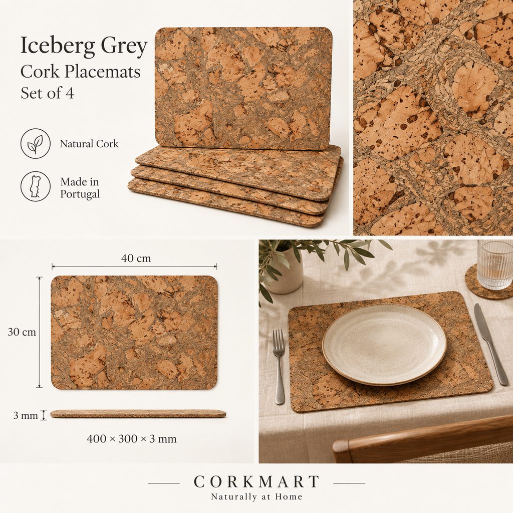 Iceberg Grey cork placemats — set of 4, material, dimensions and lifestyle overview