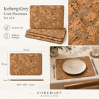 Iceberg Grey cork placemats — set of 4, material, dimensions and lifestyle overview