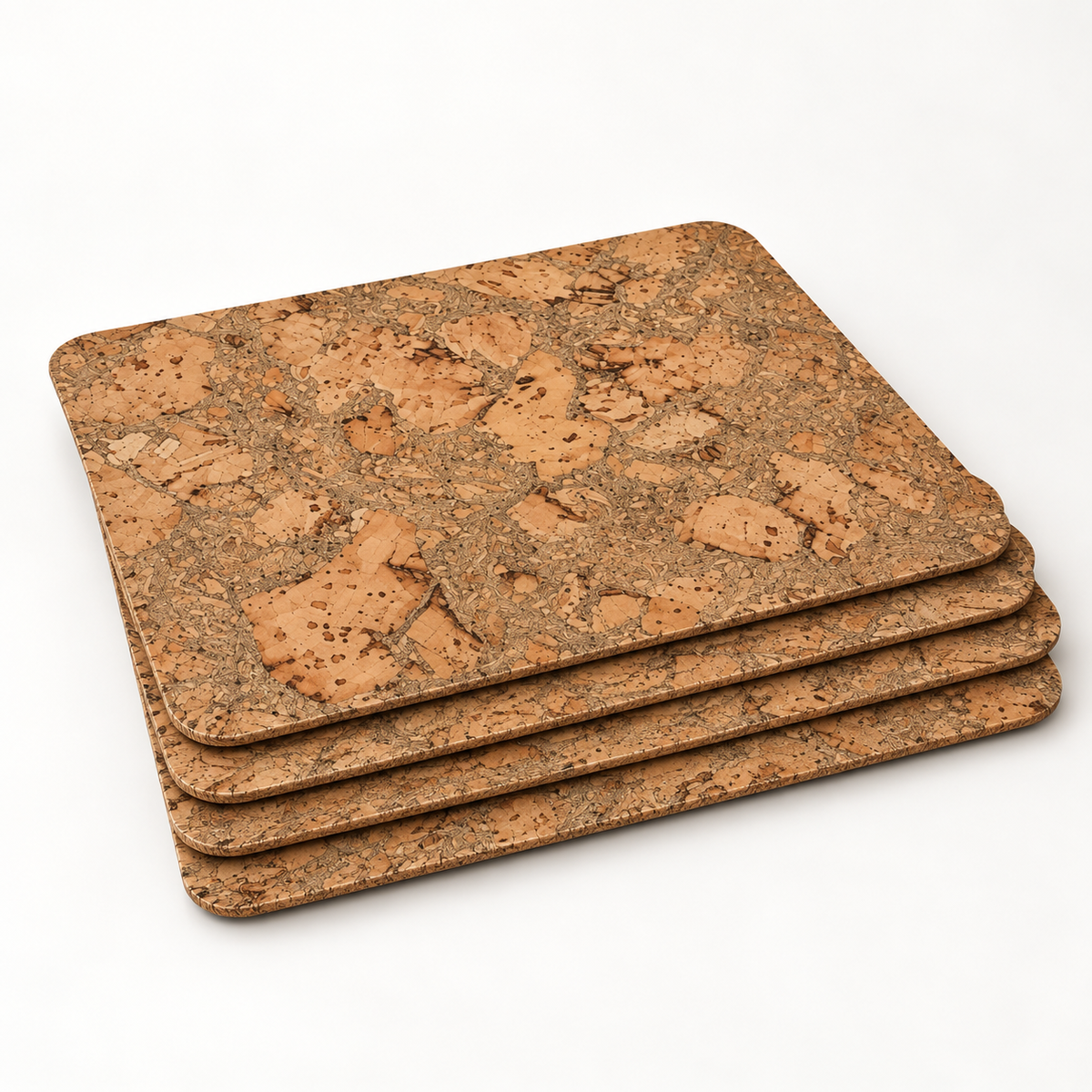 Stack of four Iceberg Grey cork placemats showing thin profile and rounded corners