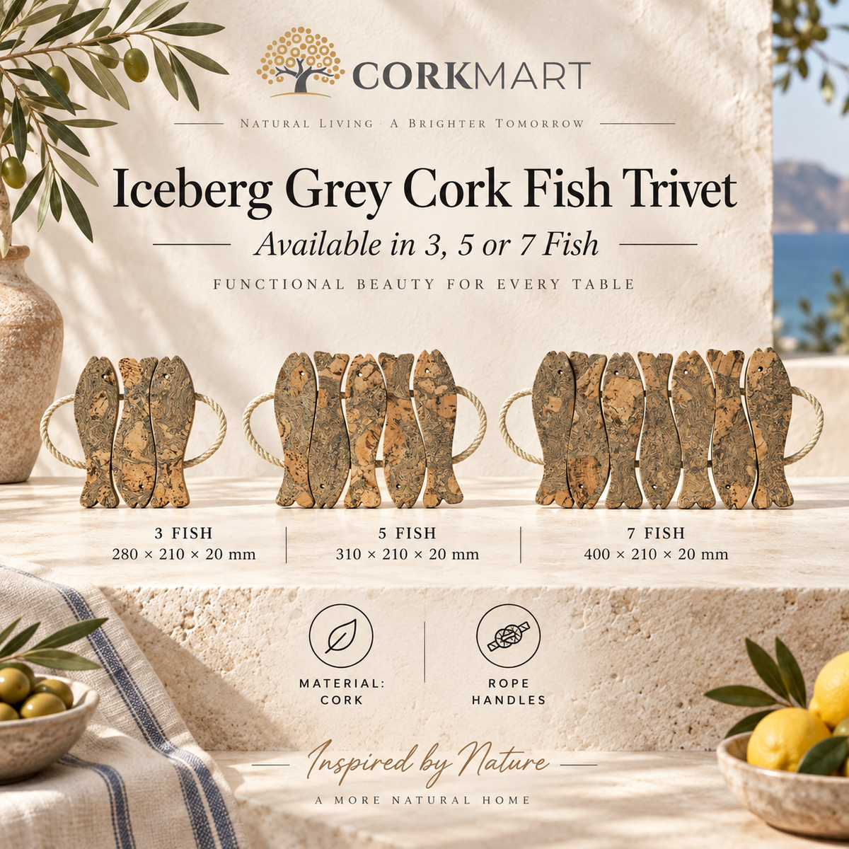 CorkMart Iceberg Grey Cork Fish Trivet infographic - 3, 5 and 7 fish formats with dimensions