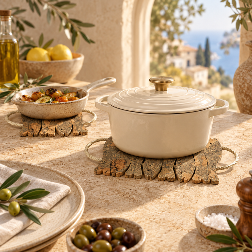 Iceberg Grey Cork Fish Trivet supporting cookware in a premium Mediterranean kitchen