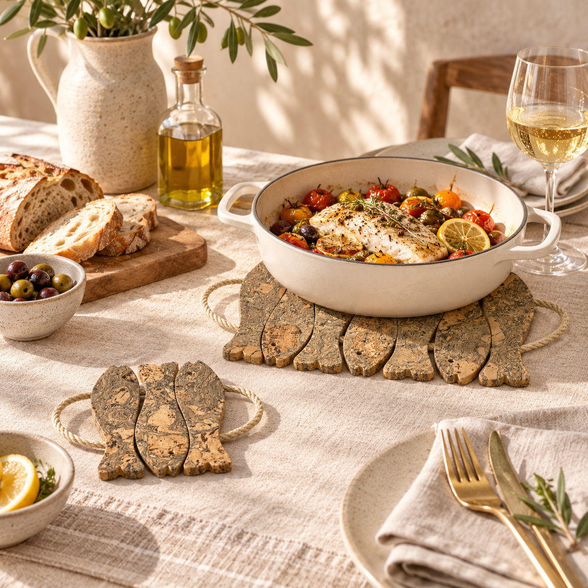 Iceberg Grey Cork Fish Trivet in a warm Mediterranean dining setting