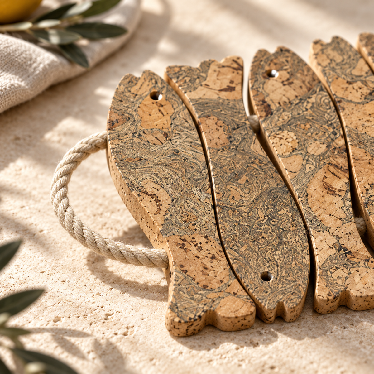 Iceberg Grey Cork Fish Trivet - close-up of marbled cork texture, fish silhouette and rope detail