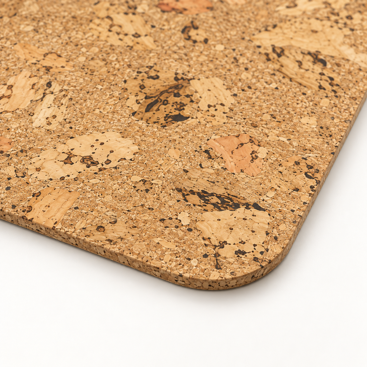 Macro close-up of Iceberg Natural cork placemat surface, rounded corner and thin edge