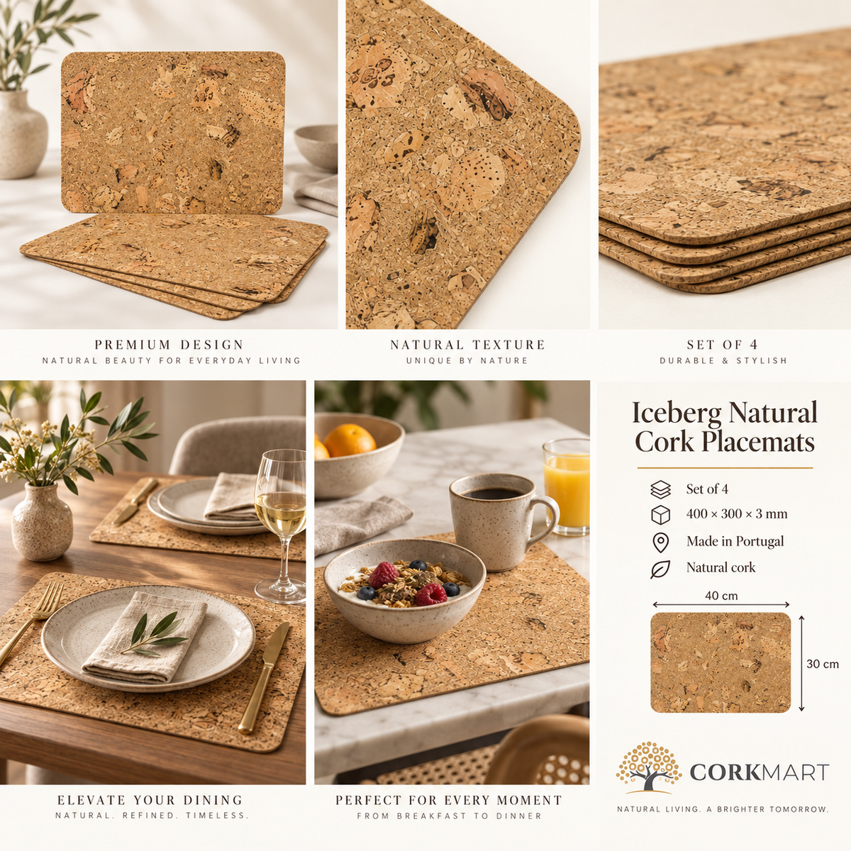 Iceberg Natural cork placemats — set of 4, dimensions, material and lifestyle overview