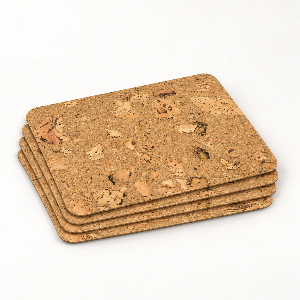 Stack of four Iceberg Natural cork placemats showing thin profile and rounded corners
