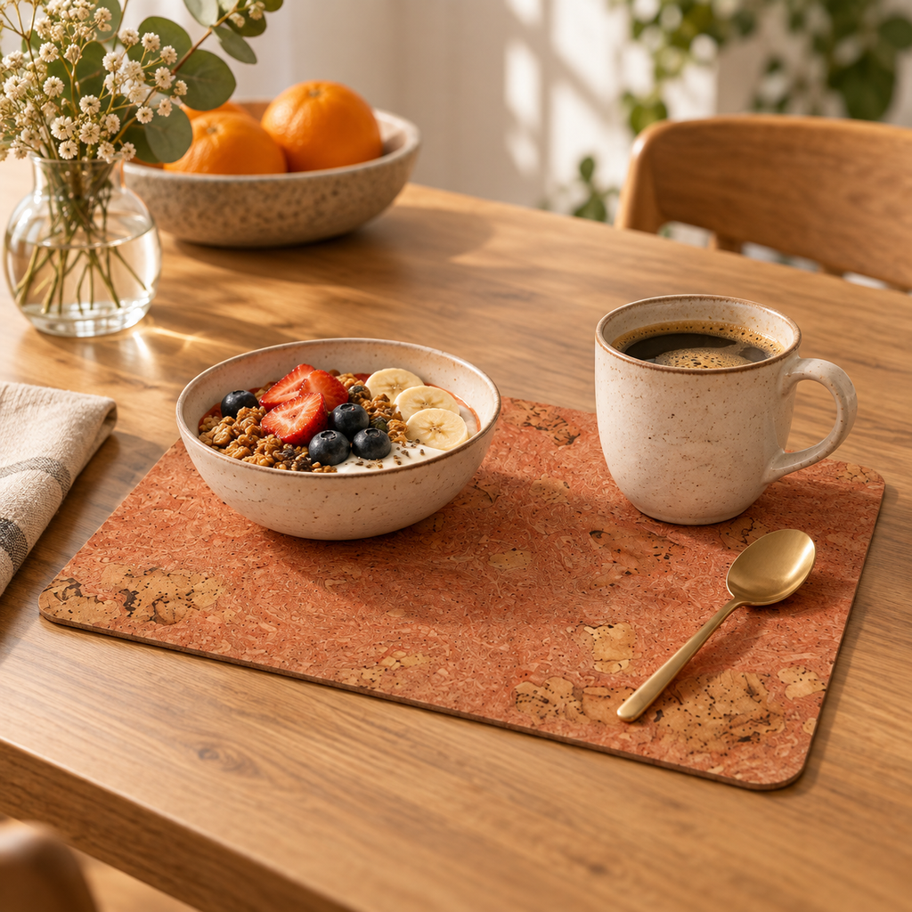 Iceberg Red cork placemat in a warm breakfast table setting