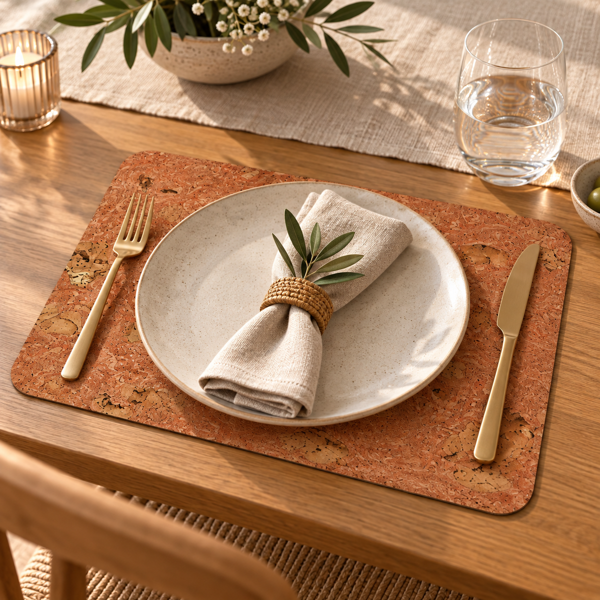 Iceberg Red cork placemat in a warm refined dining table setting