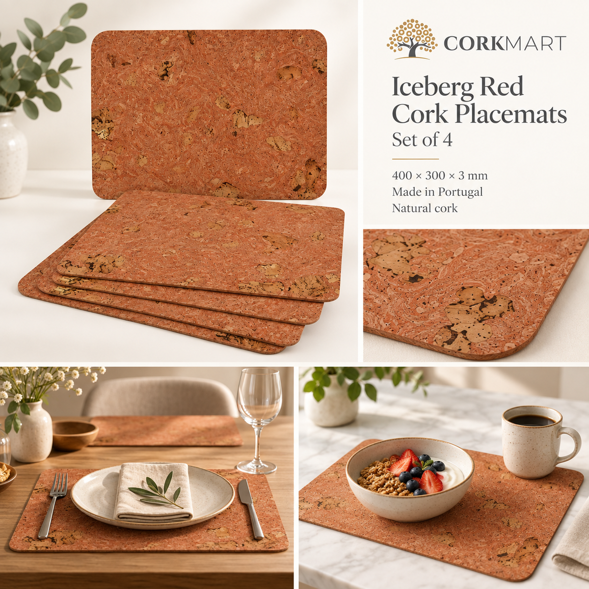 Iceberg Red cork placemats — set of 4, material, dimensions and lifestyle overview