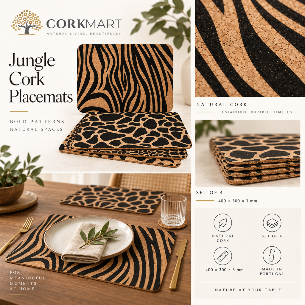 Jungle cork placemats — set of 4, dimensions, material and lifestyle overview