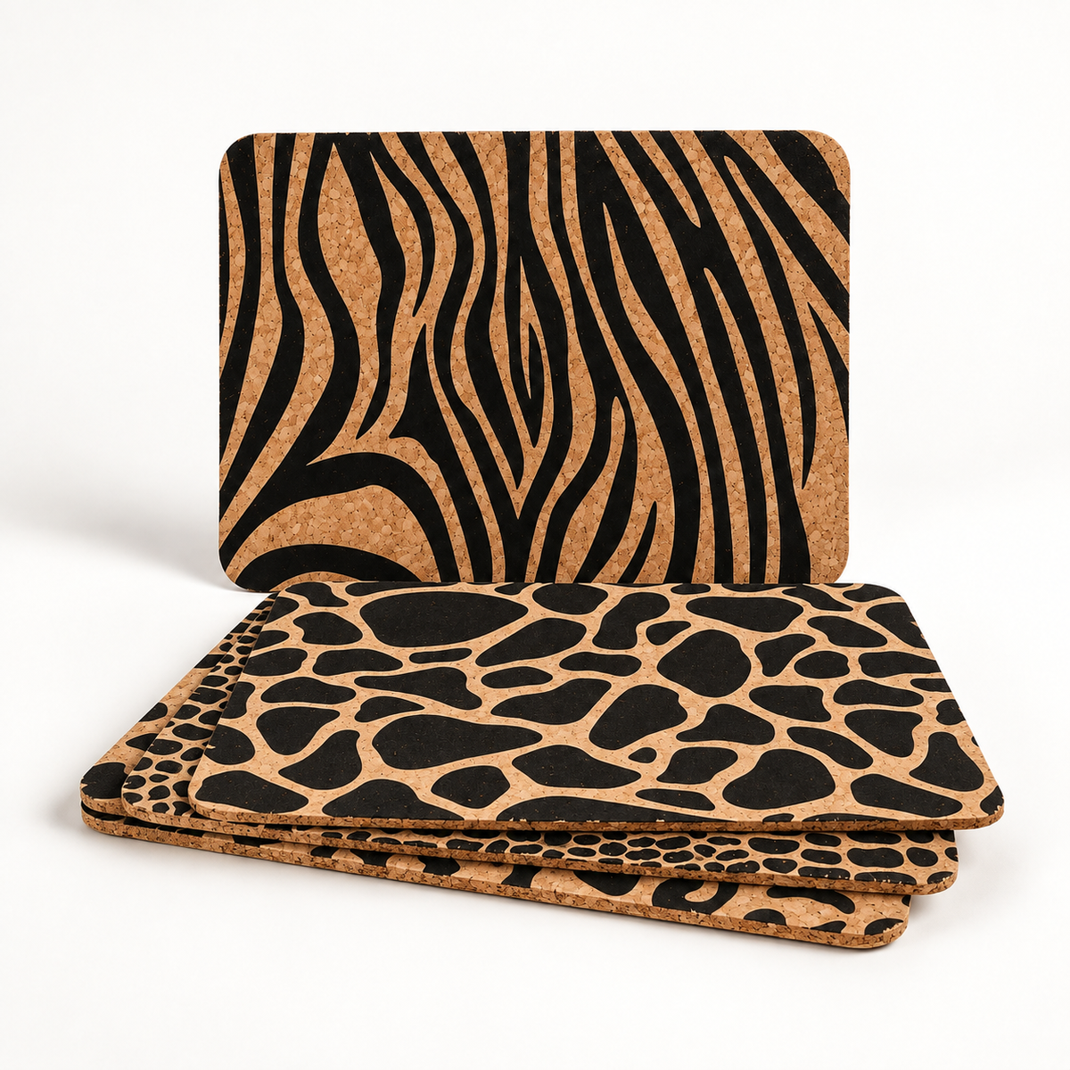 Stack of four Jungle cork placemats showing patterned surfaces, thin profile and rounded corners