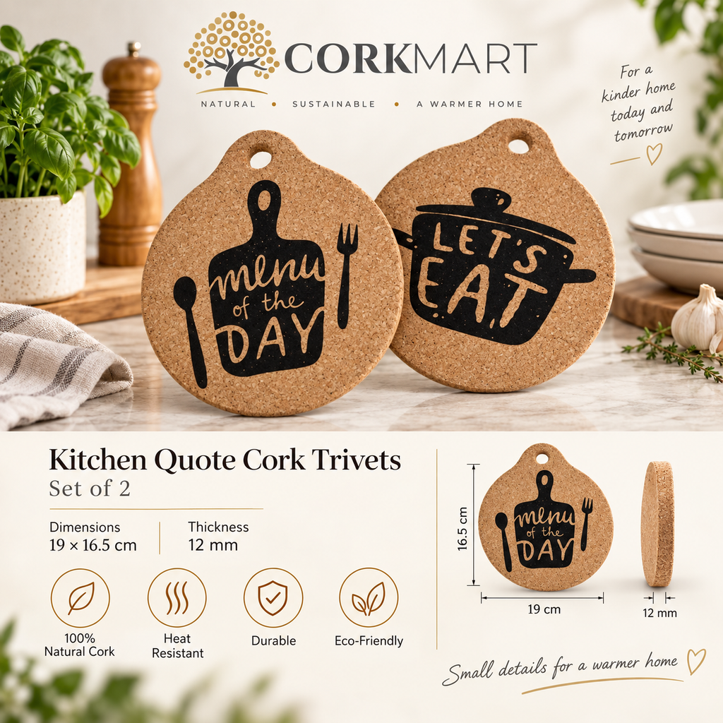 Kitchen Quote Cork Trivets set of 2 product collage with CorkMart logo, dimensions and thickness