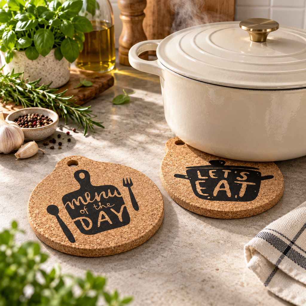 Kitchen Quote Cork Trivet supporting hot cookware in a kitchen