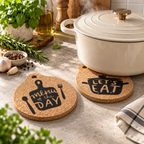 Kitchen Quote Cork Trivet supporting hot cookware in a kitchen