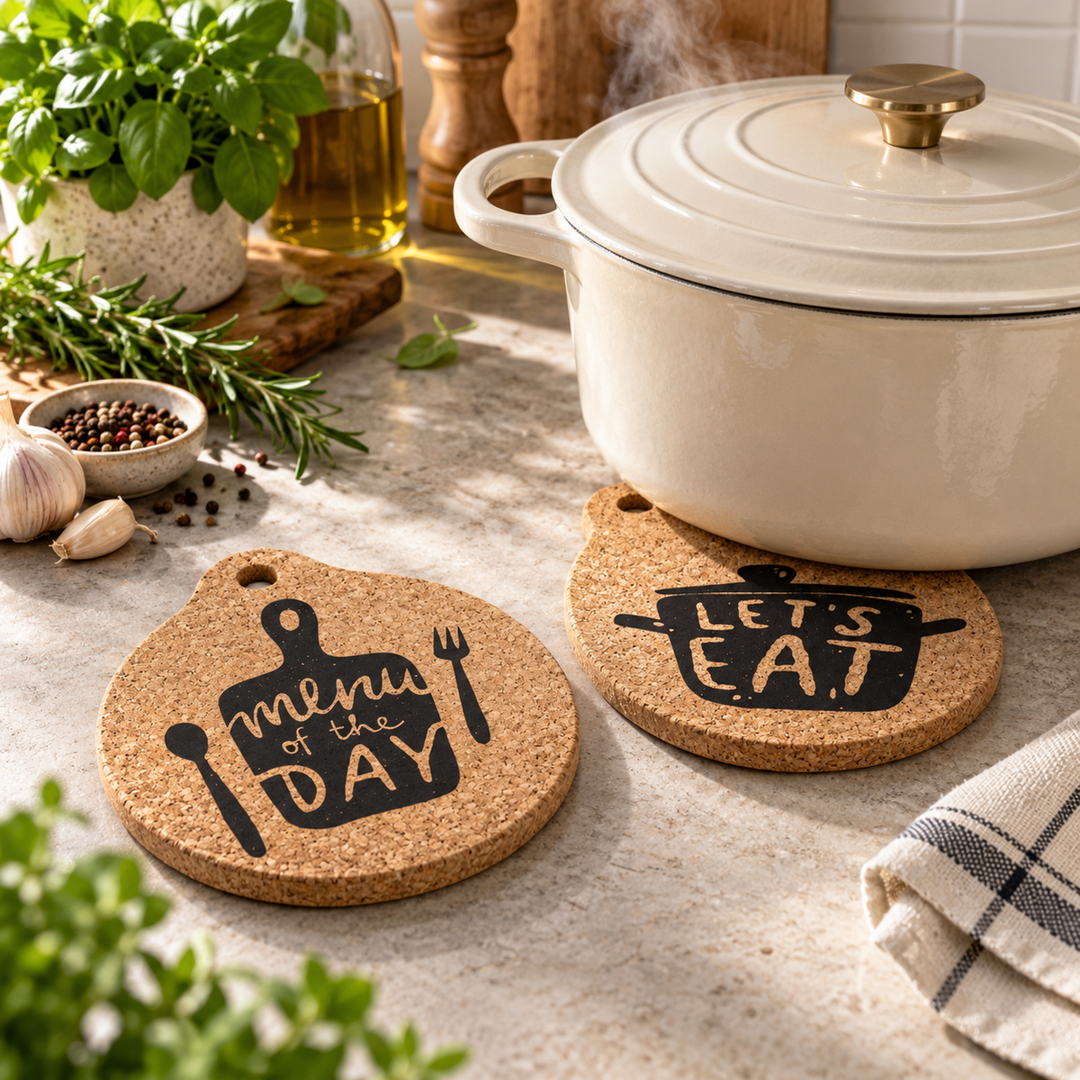 Kitchen Quote Cork Trivet supporting hot cookware in a kitchen