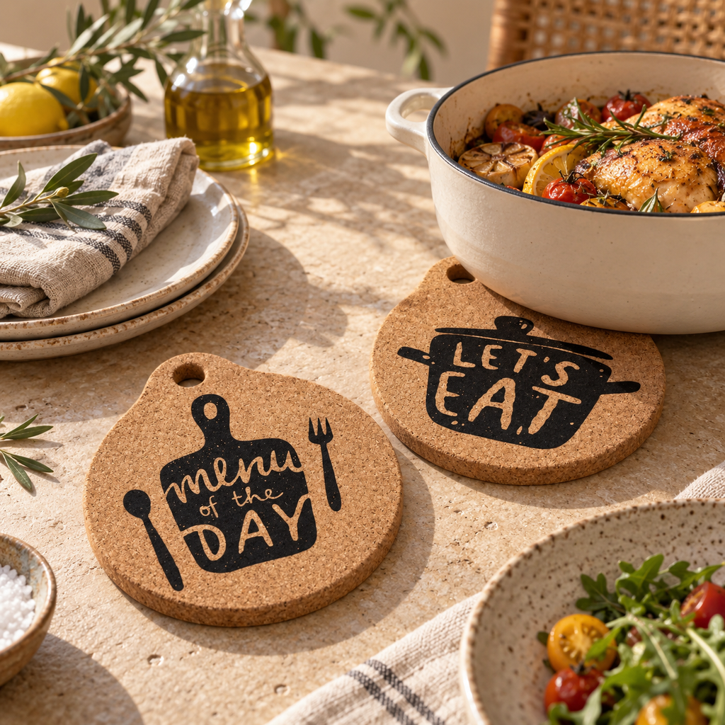 Kitchen Quote Cork Trivets set of 2 in a warm Mediterranean table setting