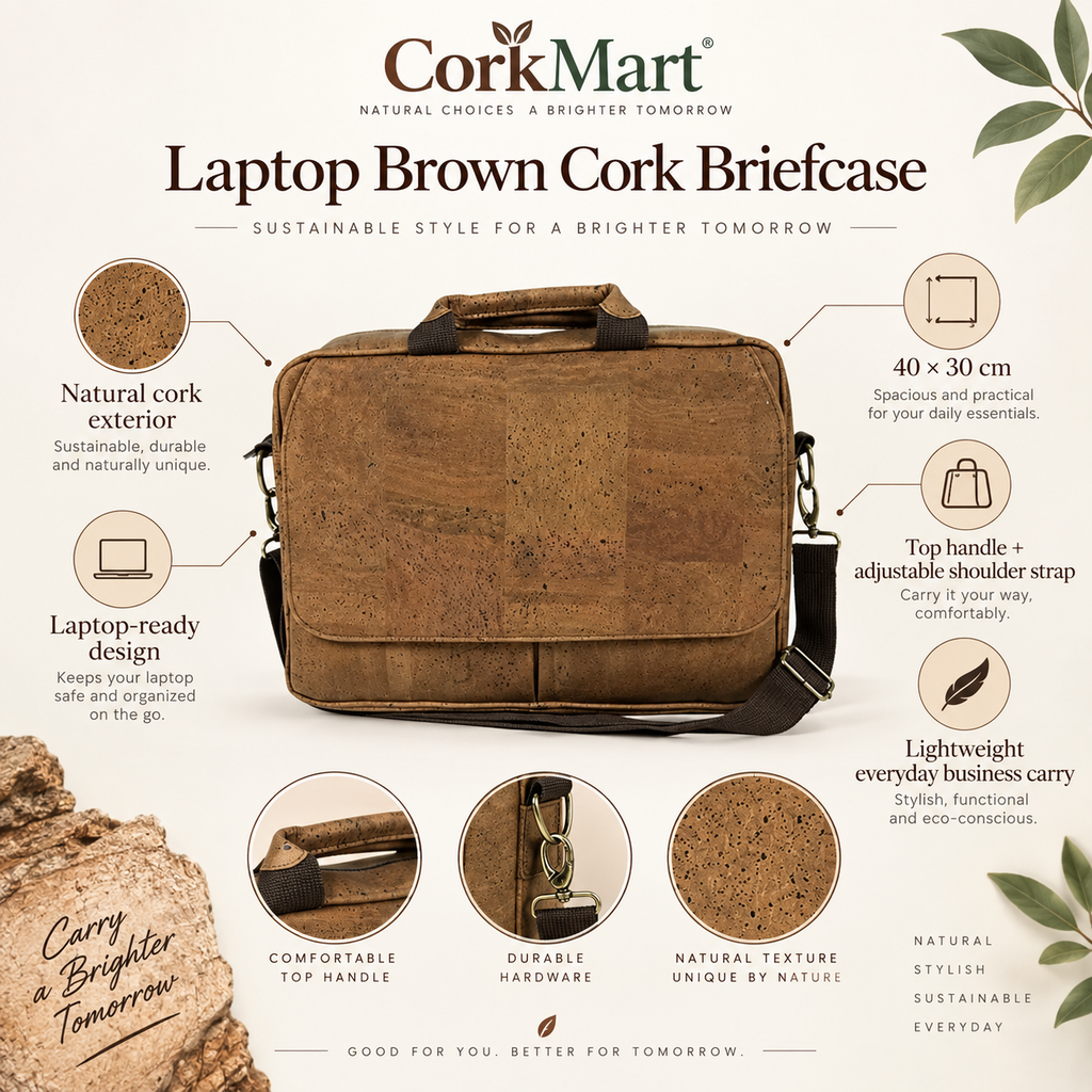 Laptop Brown Cork Briefcase infographic with dimensions and product features