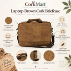 Laptop Brown Cork Briefcase infographic with dimensions and product features