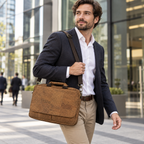 Laptop Brown Cork Briefcase in real professional urban use