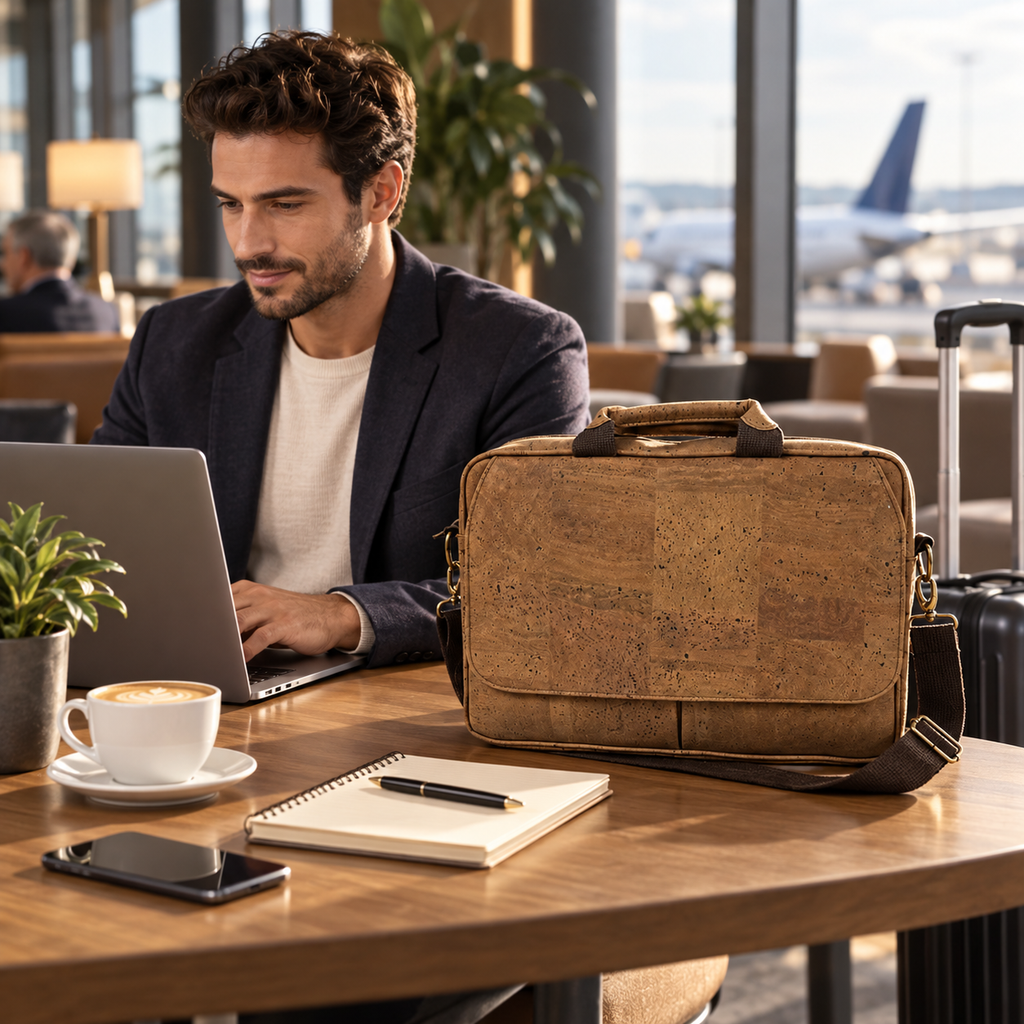 Laptop Brown Cork Briefcase in a realistic airport lounge work setting