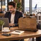 Laptop Brown Cork Briefcase in a realistic airport lounge work setting