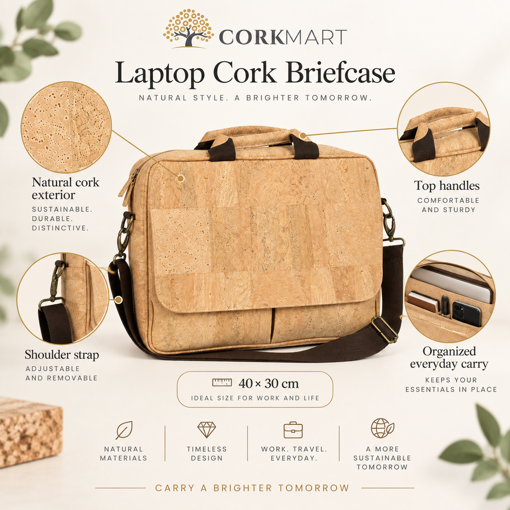 Laptop Cork Briefcase infographic with dimensions and product features