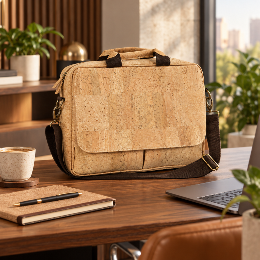 Laptop Cork Briefcase in a premium office lifestyle setting
