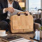 Laptop Cork Briefcase in a realistic airport lounge work setting