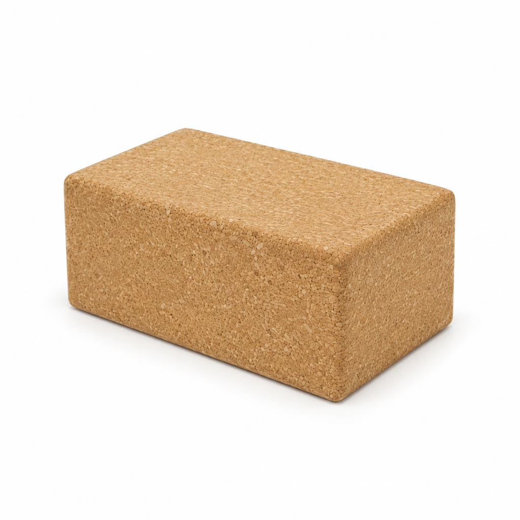 Large cork yoga block, 227 × 150 × 100 mm, angled studio view showing the 100 mm depth and rounded edges