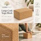 Large cork yoga block editorial collage with official CorkMart logo, product texture, use and dimensions