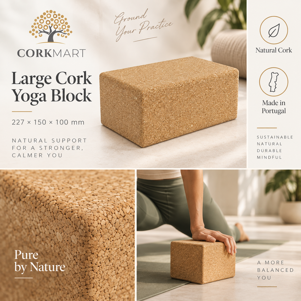 Large cork yoga block editorial collage with official CorkMart logo, product texture, use and dimensions