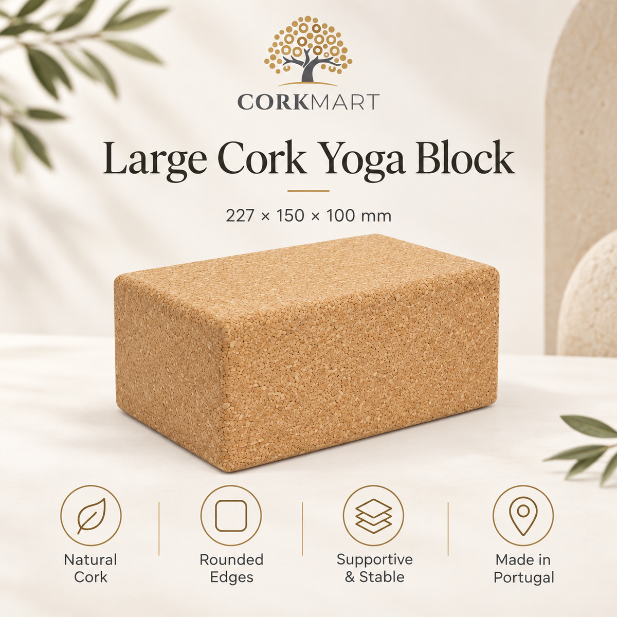 Large cork yoga block infographic with official CorkMart logo, 227 × 150 × 100 mm dimensions, natural cork and Made in Portugal