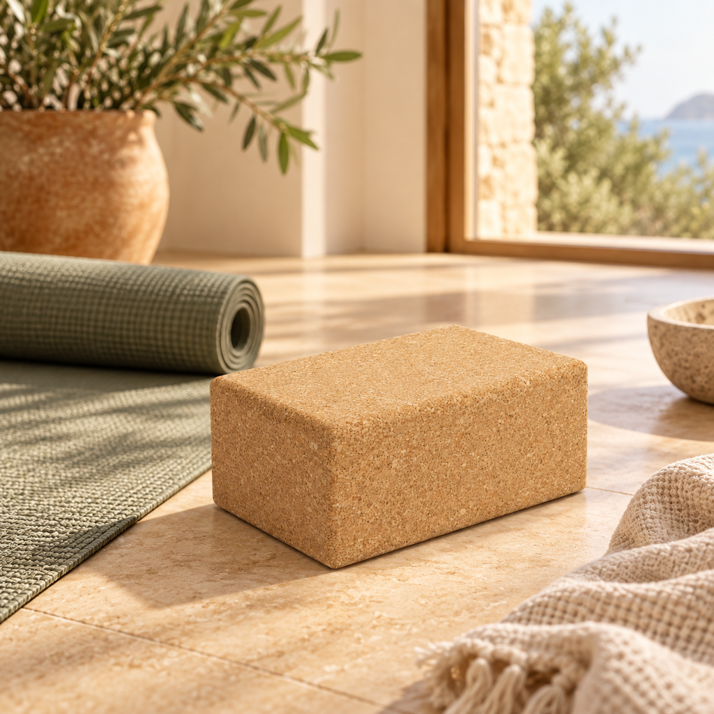 Large cork yoga block in a warm Mediterranean-inspired wellness studio