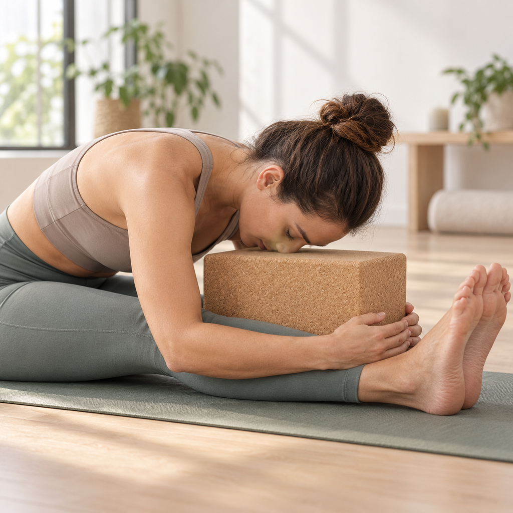 Large cork yoga block used for supported yoga practice in a bright studio setting