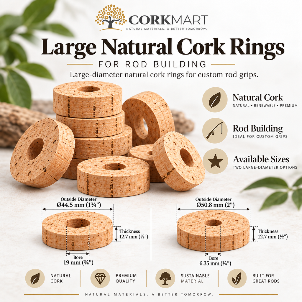 CorkMart infographic for large natural cork rings with Ø44.5 mm and Ø50.8 mm dimensions