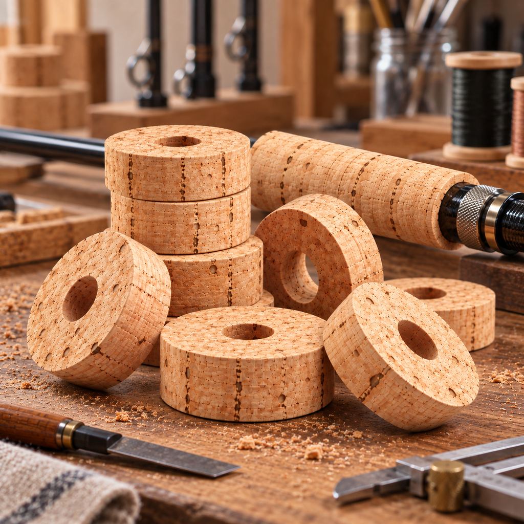 Large natural cork rings in a rod building workshop