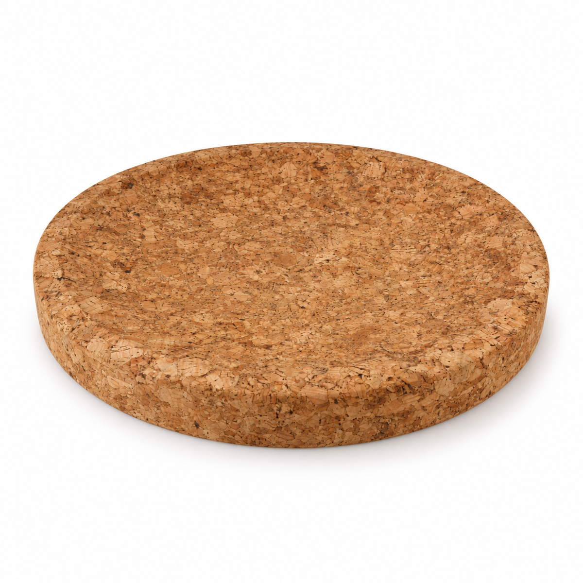 Large round cork centrepiece tray, angled studio view showing the 50 mm profile