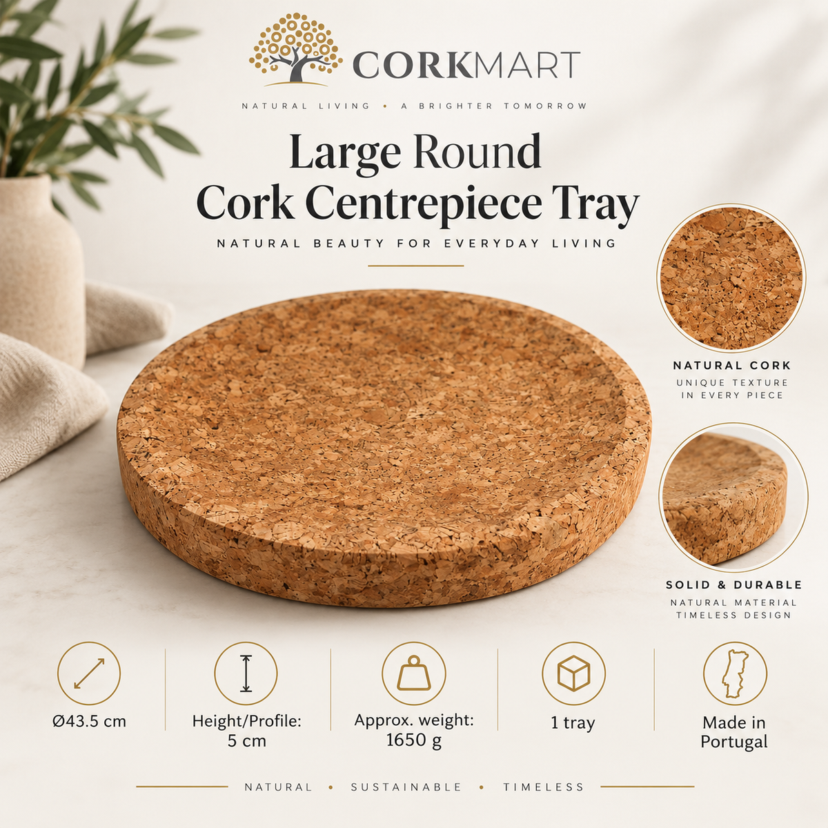 Large round cork centrepiece tray infographic with Ø43.5 cm diameter, 5 cm profile, 1650 g weight and Made in Portugal