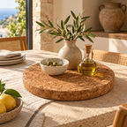 Large round cork centrepiece tray styled as a Mediterranean table centrepiece