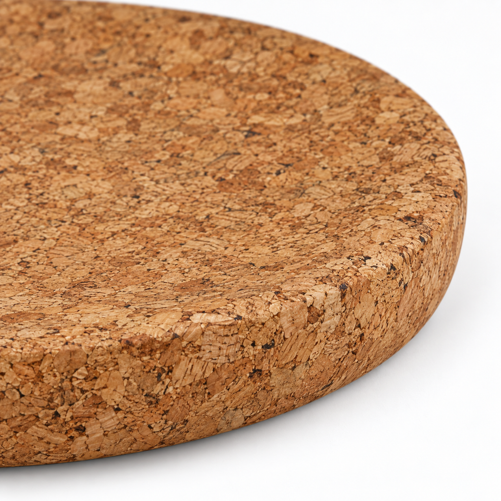 Macro detail of large round cork centrepiece tray texture and rounded 50 mm edge