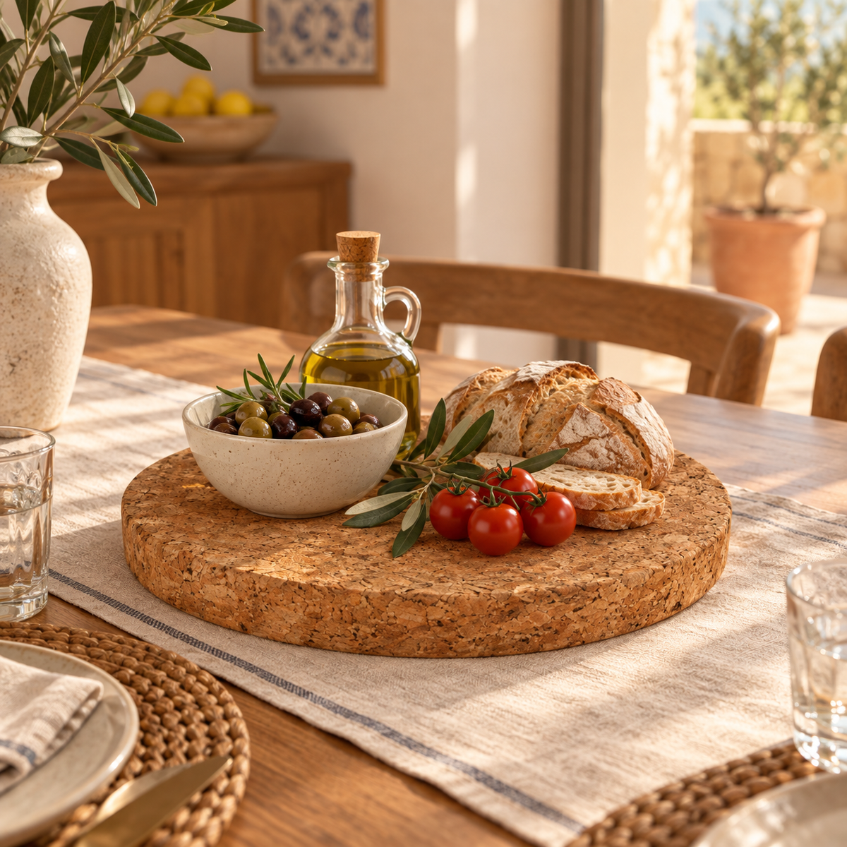 Large round cork centrepiece tray used for bread, olives and tableware in a Mediterranean dining setting